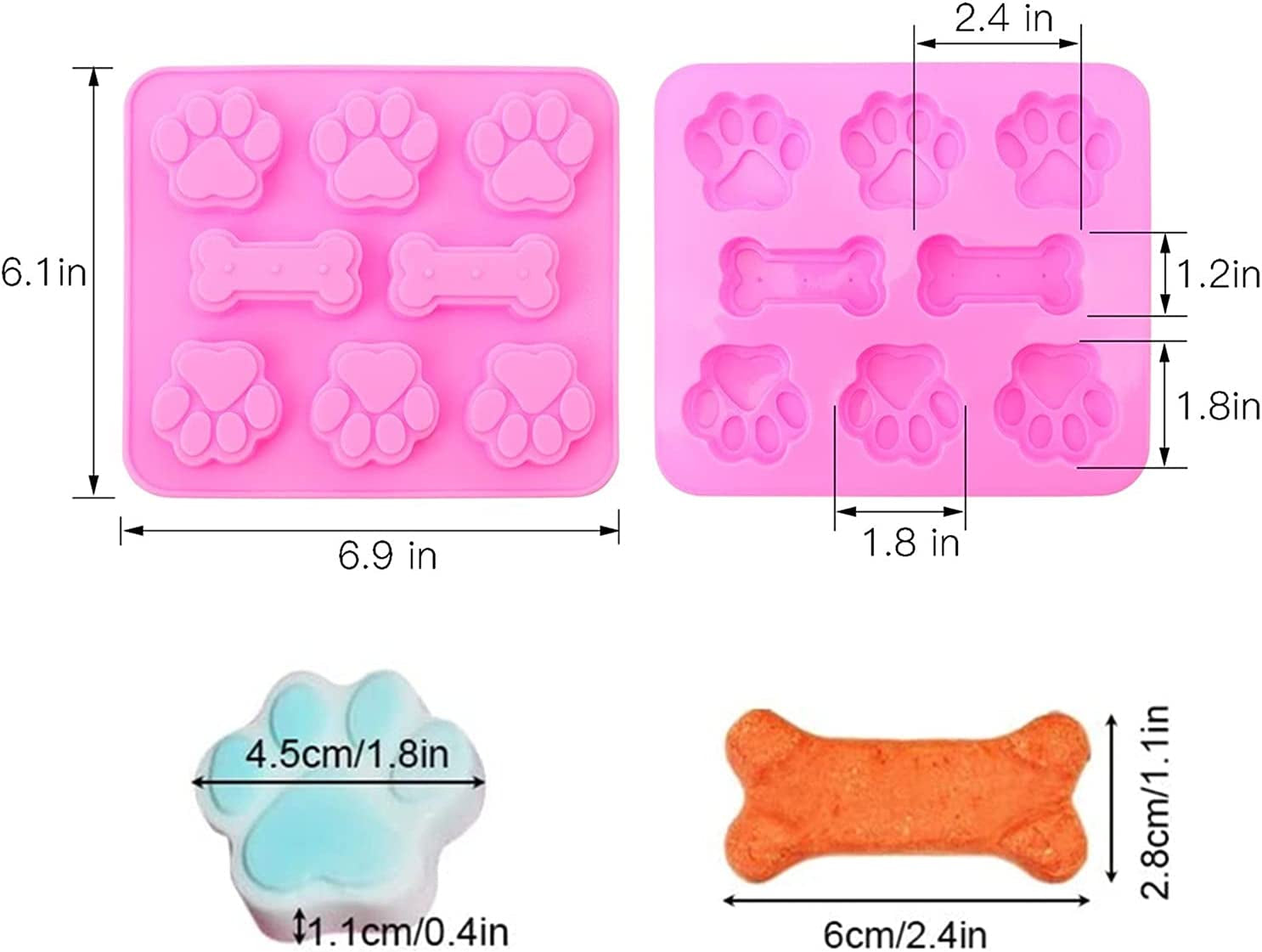 2 Pack Silicone Molds - Puppy Dog Paw & Dog Bone Shapes for Baking Chocolate, Candy, Jelly, Ice Cube Treats